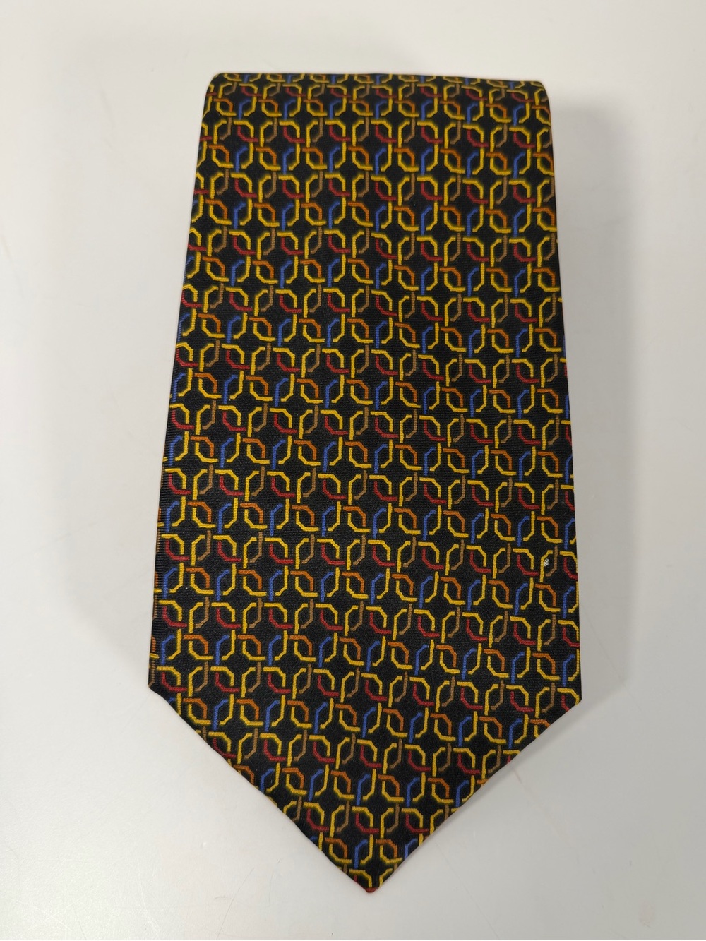 Fendi Vintage Geometric Logo Silk Necktie Black Multicolor Made in Italy
